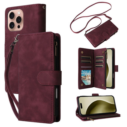 For iPhone 16 Pro Case Zipper Multi-Pocket Wallet Leather Phone Cover with Shoulder and Wrist Straps