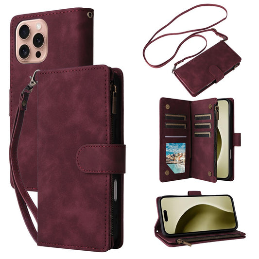 For iPhone 16 Pro Case Zipper Multi-Pocket Wallet Leather Phone Cover with Shoulder and Wrist Straps