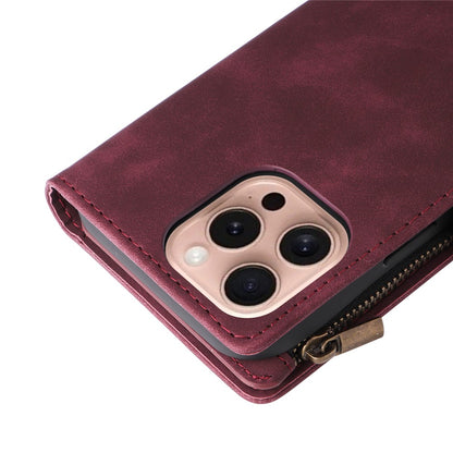 For iPhone 16 Pro Case Zipper Multi-Pocket Wallet Leather Phone Cover with Shoulder and Wrist Straps