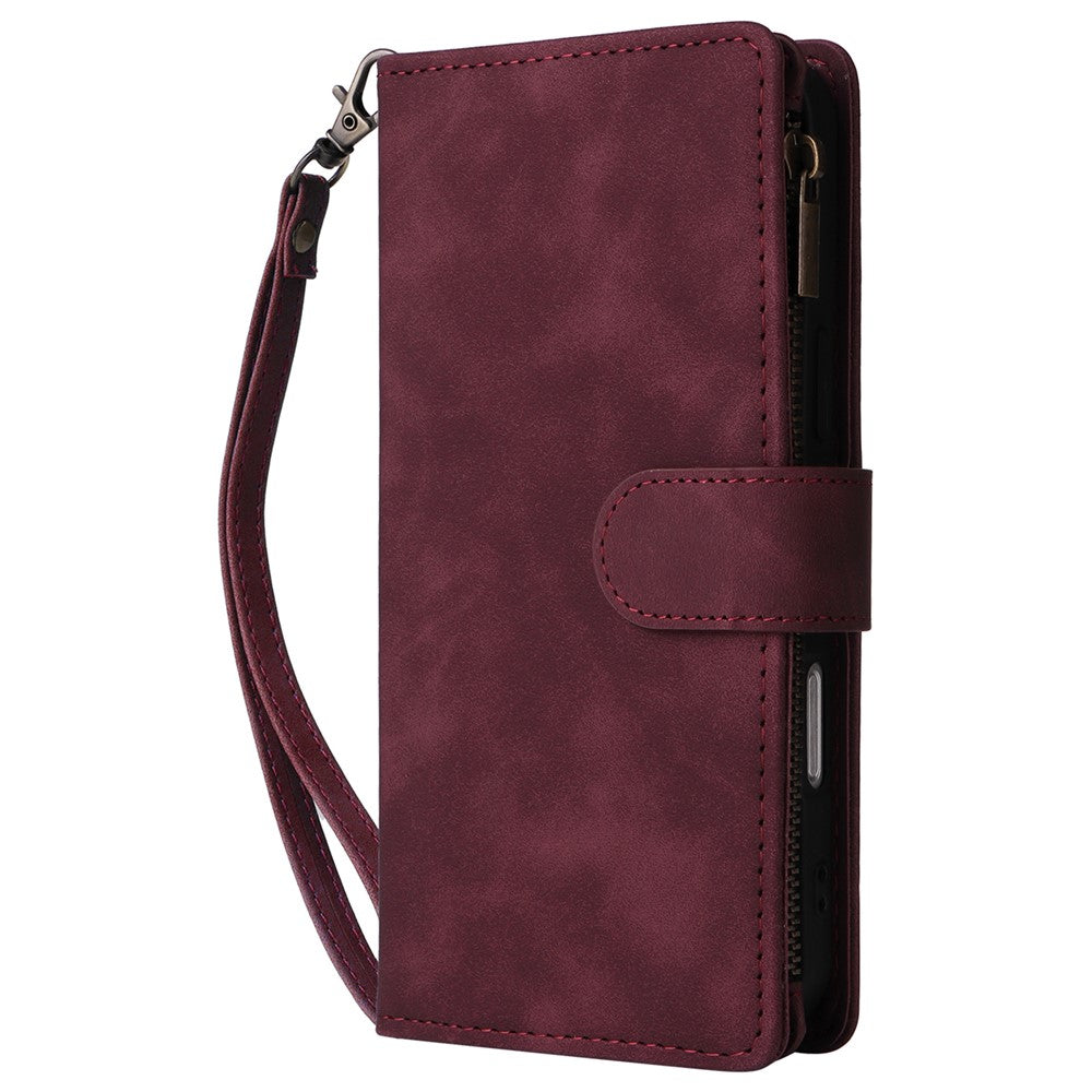 For iPhone 16 Pro Case Zipper Multi-Pocket Wallet Leather Phone Cover with Shoulder and Wrist Straps
