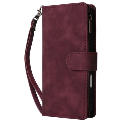 For iPhone 16 Pro Case Zipper Multi-Pocket Wallet Leather Phone Cover with Shoulder and Wrist Straps
