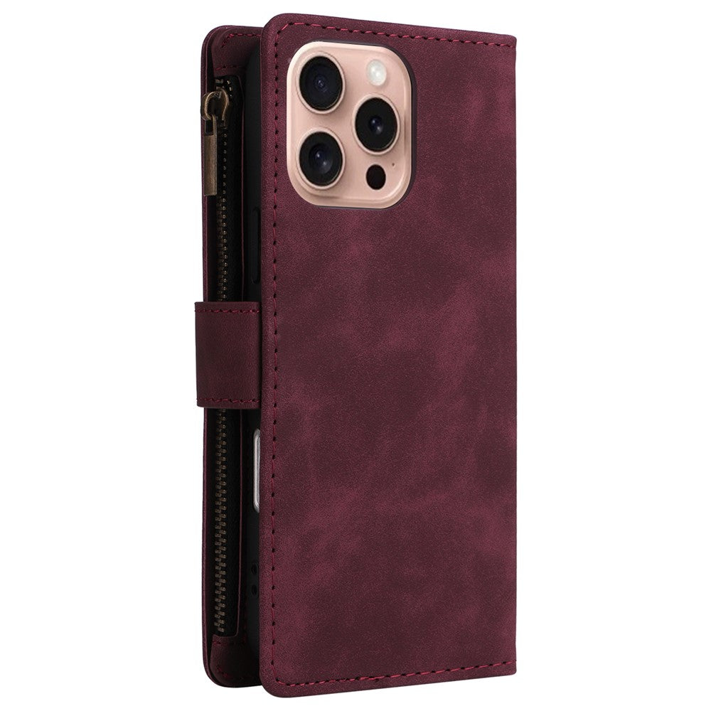 For iPhone 16 Pro Case Zipper Multi-Pocket Wallet Leather Phone Cover with Shoulder and Wrist Straps