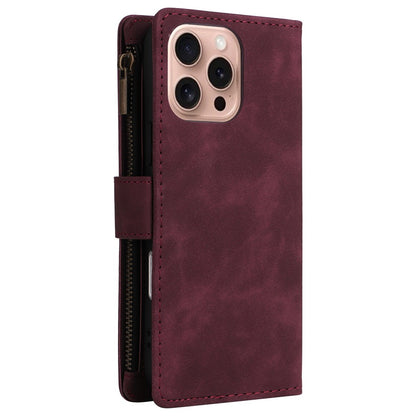 For iPhone 16 Pro Case Zipper Multi-Pocket Wallet Leather Phone Cover with Shoulder and Wrist Straps