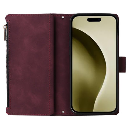 For iPhone 16 Pro Case Zipper Multi-Pocket Wallet Leather Phone Cover with Shoulder and Wrist Straps