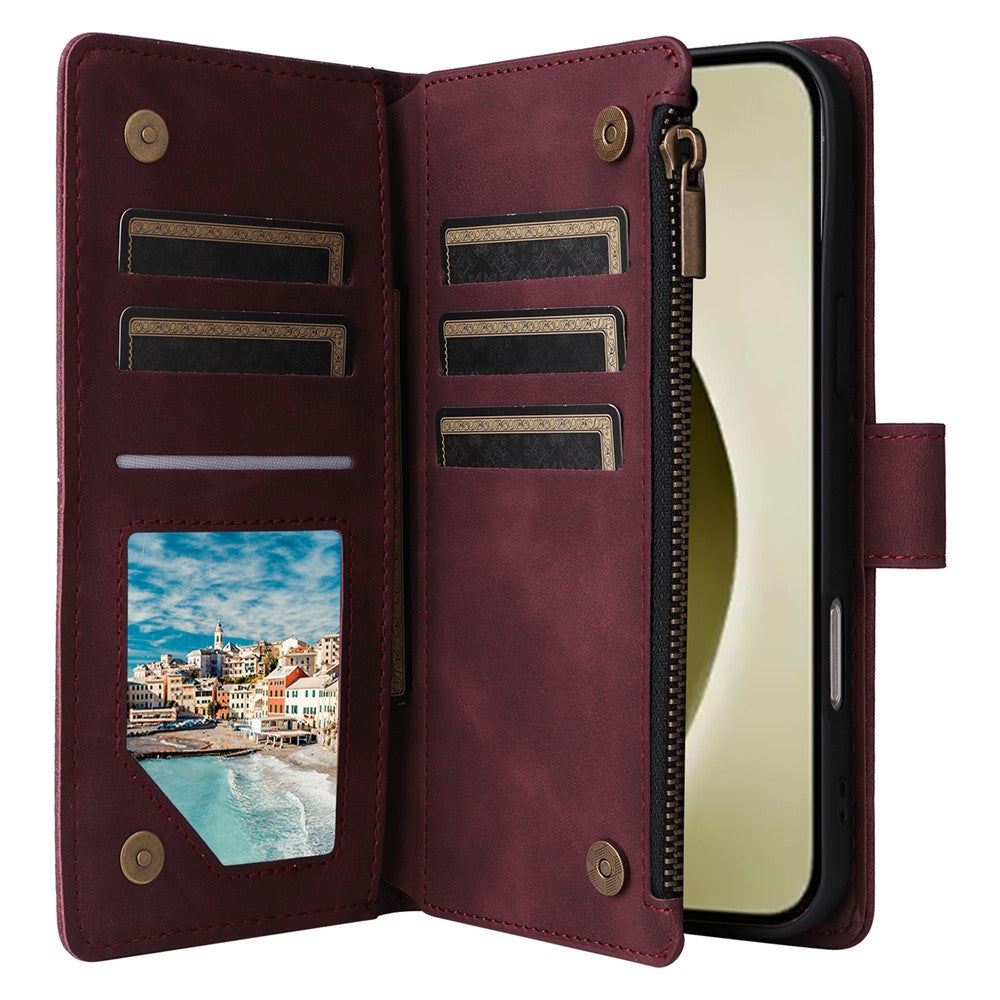 For iPhone 16 Pro Case Zipper Multi-Pocket Wallet Leather Phone Cover with Shoulder and Wrist Straps