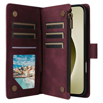 For iPhone 16 Pro Case Zipper Multi-Pocket Wallet Leather Phone Cover with Shoulder and Wrist Straps