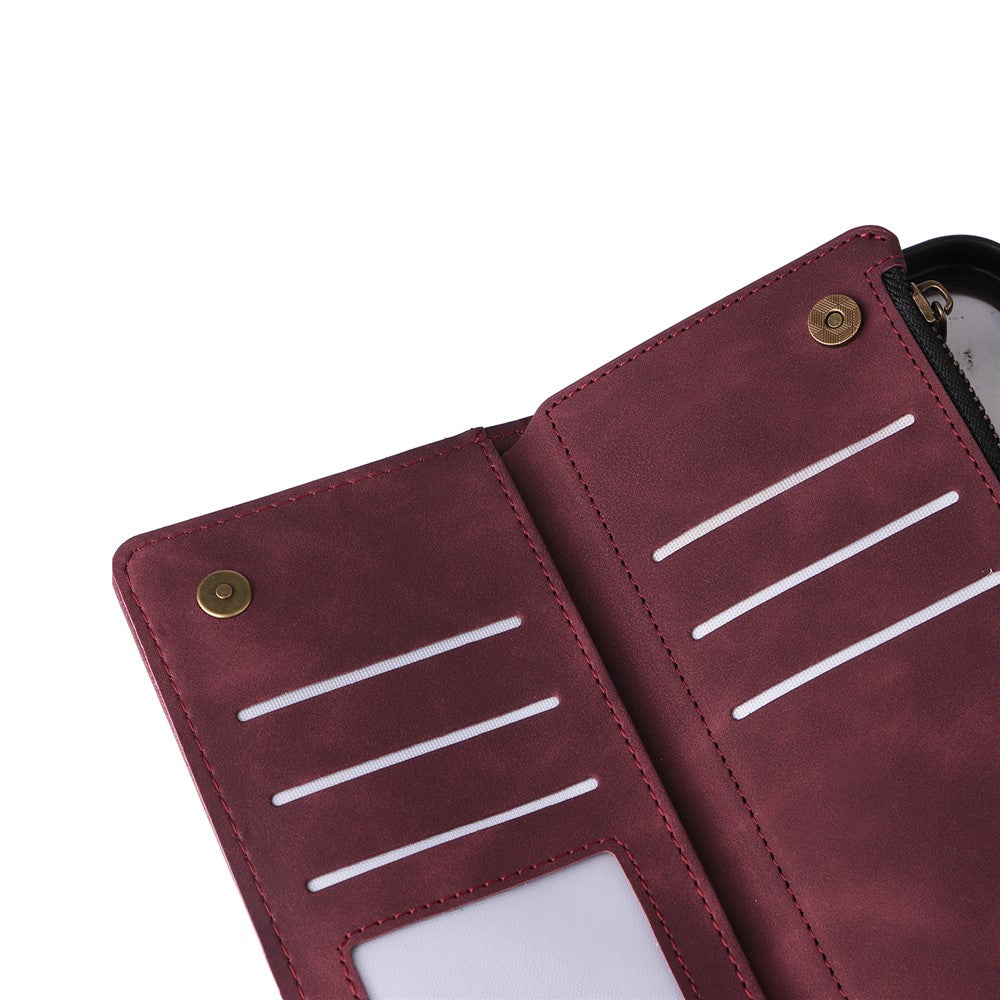For iPhone 16 Pro Case Zipper Multi-Pocket Wallet Leather Phone Cover with Shoulder and Wrist Straps