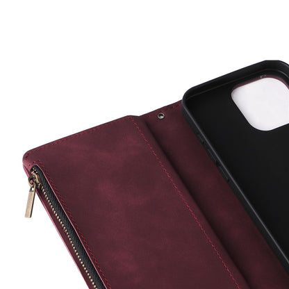 For iPhone 16 Pro Case Zipper Multi-Pocket Wallet Leather Phone Cover with Shoulder and Wrist Straps