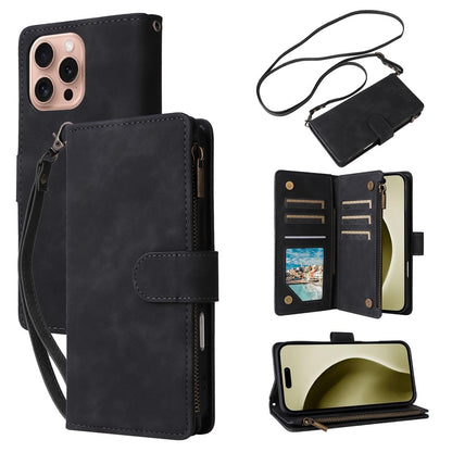 For iPhone 16 Pro Case Zipper Multi-Pocket Wallet Leather Phone Cover with Shoulder and Wrist Straps