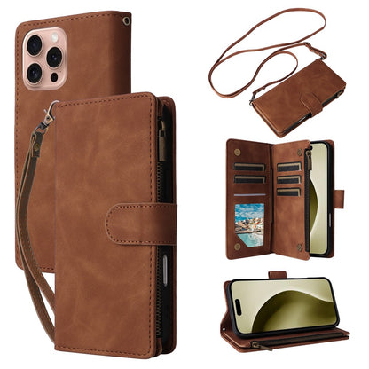 For iPhone 16 Pro Case Zipper Multi-Pocket Wallet Leather Phone Cover with Shoulder and Wrist Straps