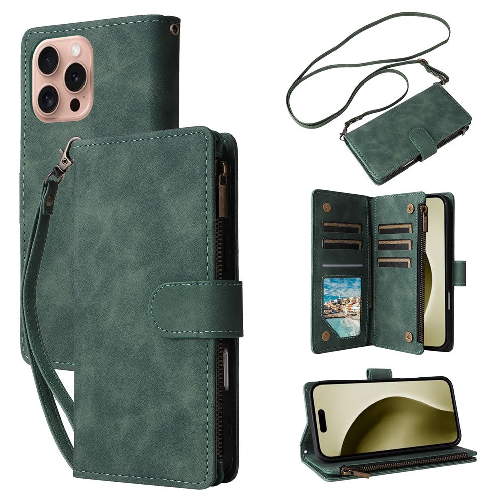 For iPhone 16 Pro Case Zipper Multi-Pocket Wallet Leather Phone Cover with Shoulder and Wrist Straps