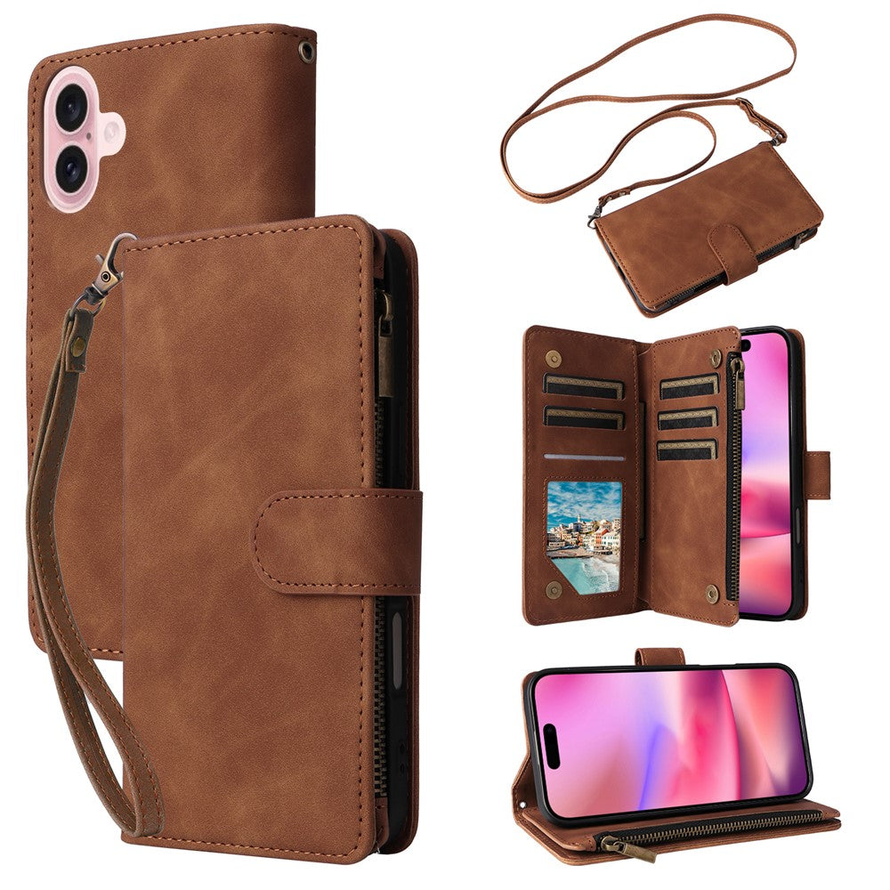 For iPhone 16 Case Zipper Multi-Pocket Wallet Leather Phone Cover with Shoulder and Wrist Straps