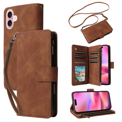 For iPhone 16 Case Zipper Multi-Pocket Wallet Leather Phone Cover with Shoulder and Wrist Straps