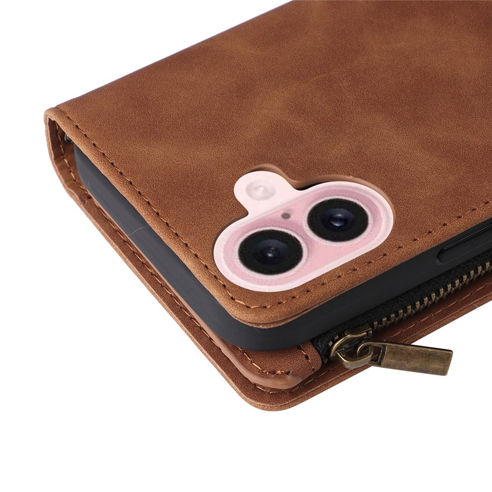 For iPhone 16 Case Zipper Multi-Pocket Wallet Leather Phone Cover with Shoulder and Wrist Straps