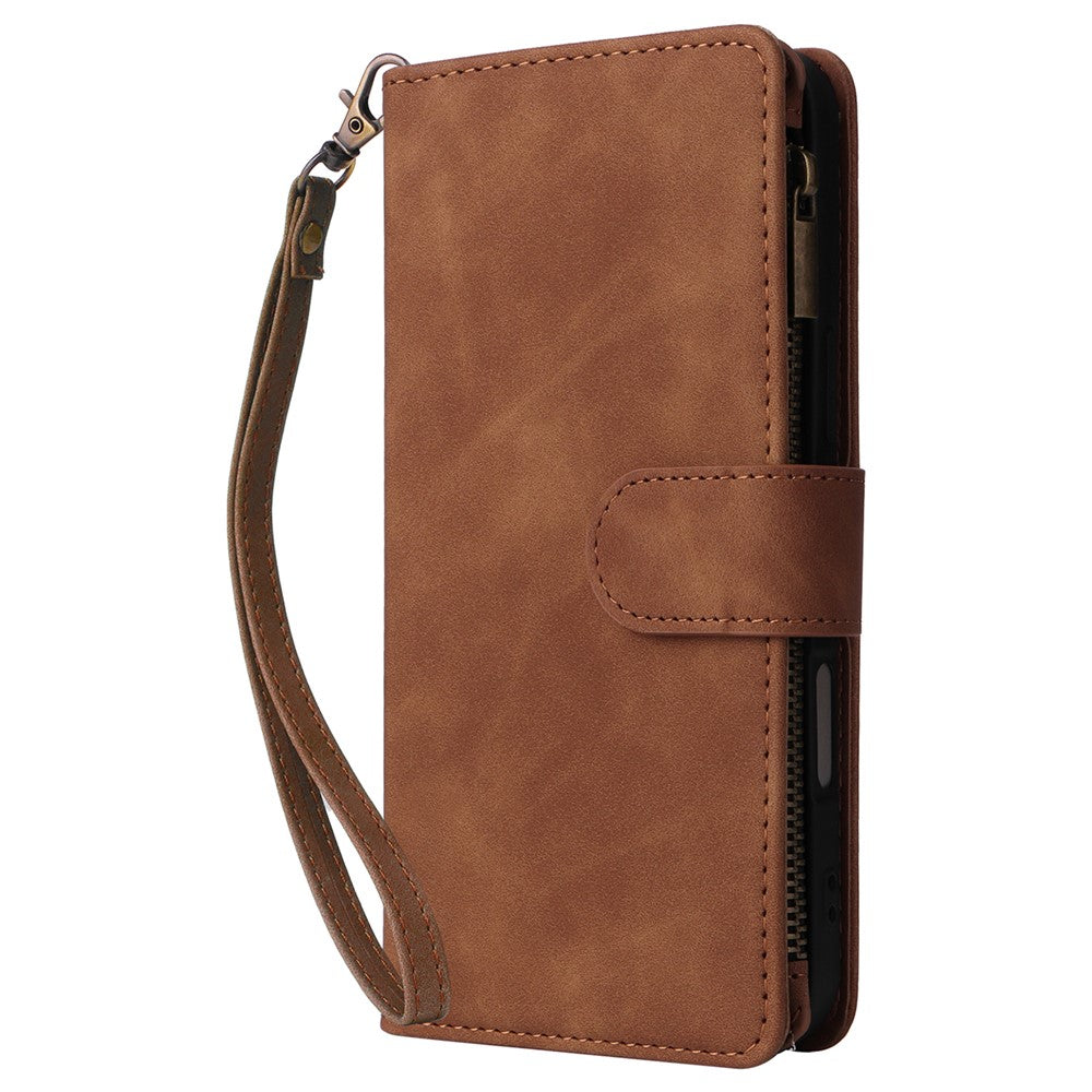 For iPhone 16 Case Zipper Multi-Pocket Wallet Leather Phone Cover with Shoulder and Wrist Straps