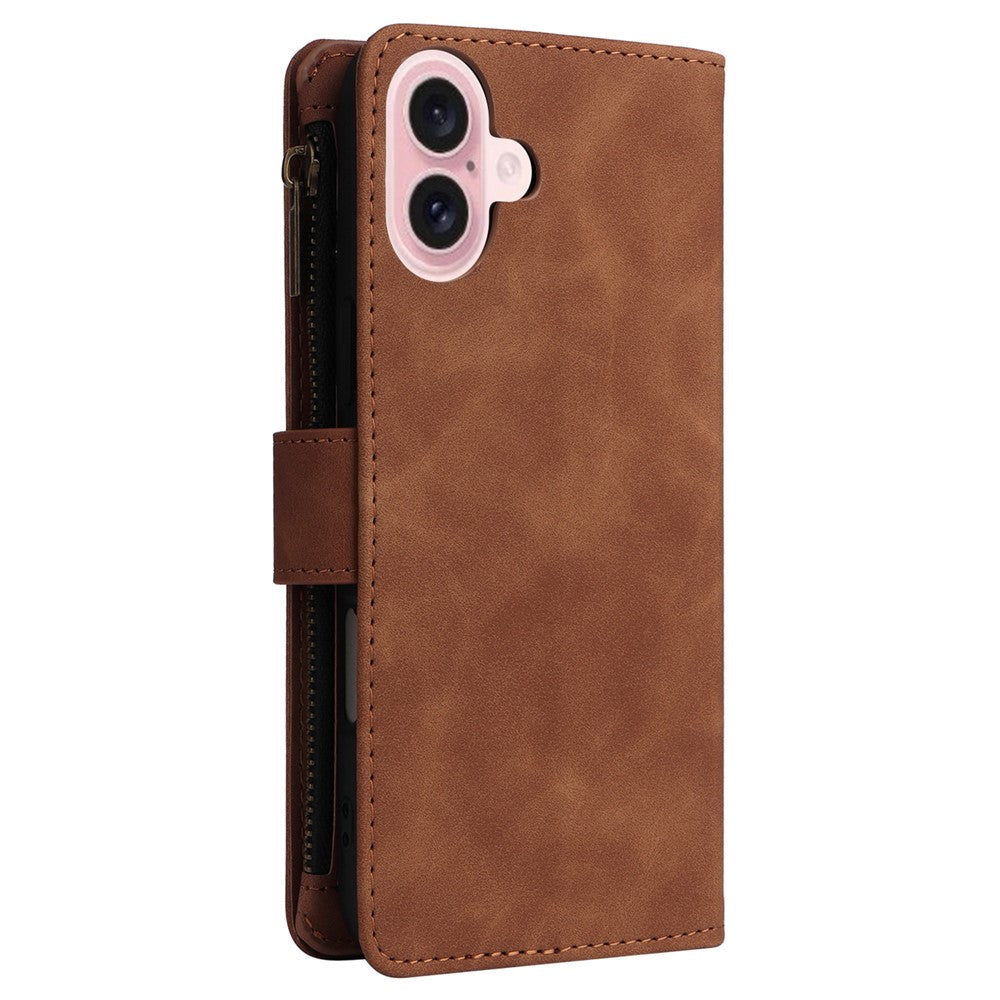 For iPhone 16 Case Zipper Multi-Pocket Wallet Leather Phone Cover with Shoulder and Wrist Straps