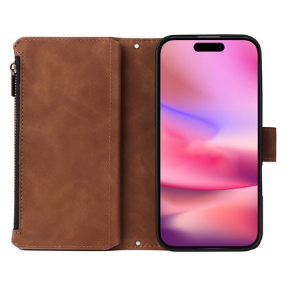 For iPhone 16 Case Zipper Multi-Pocket Wallet Leather Phone Cover with Shoulder and Wrist Straps