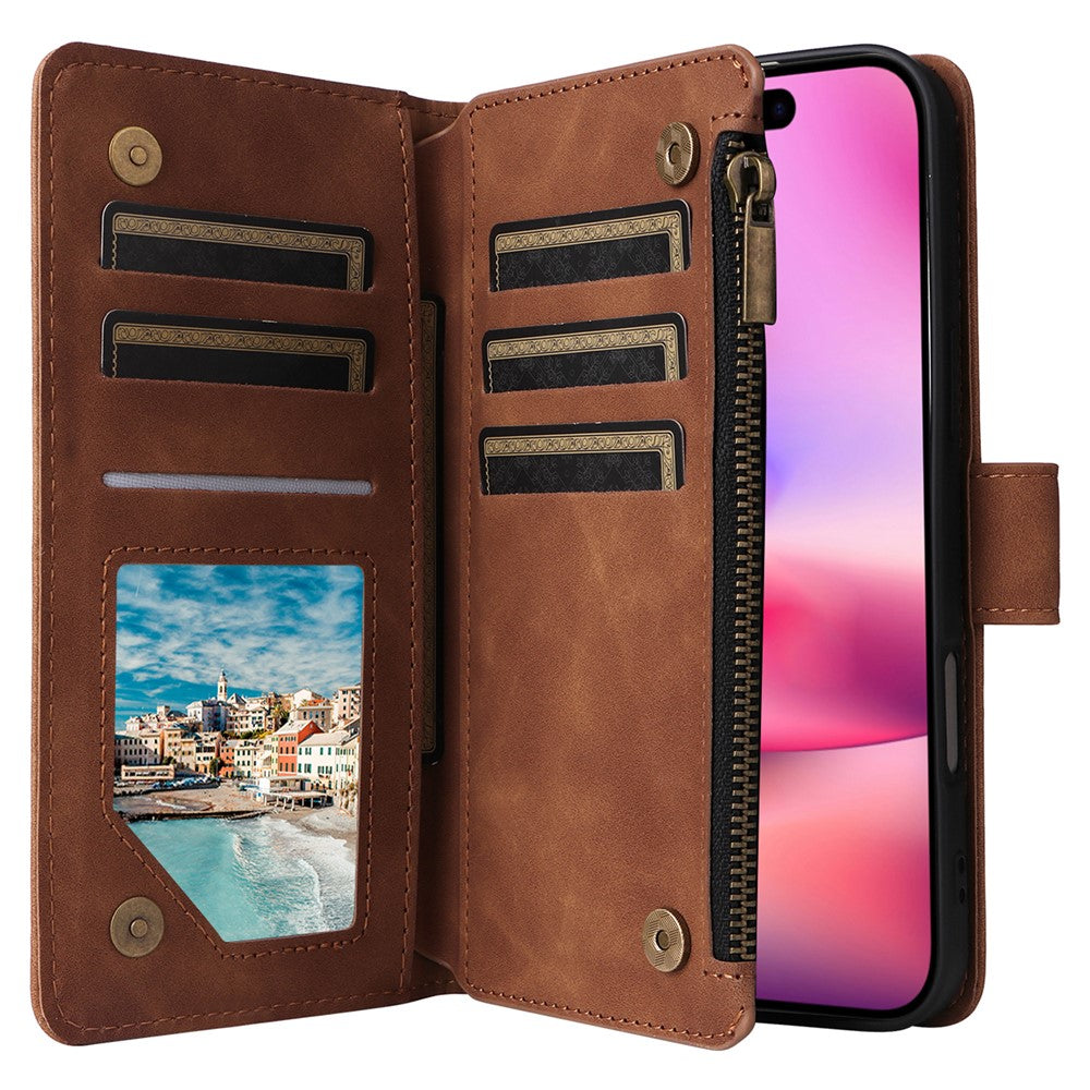 For iPhone 16 Case Zipper Multi-Pocket Wallet Leather Phone Cover with Shoulder and Wrist Straps