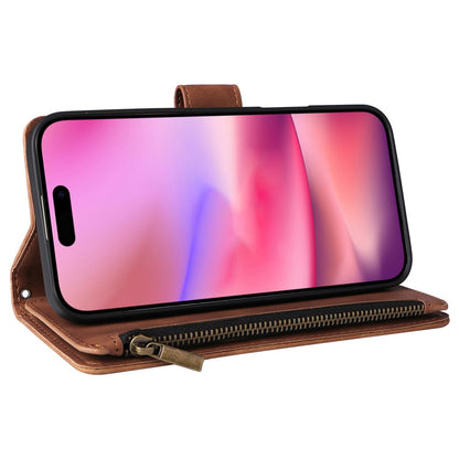 For iPhone 16 Case Zipper Multi-Pocket Wallet Leather Phone Cover with Shoulder and Wrist Straps