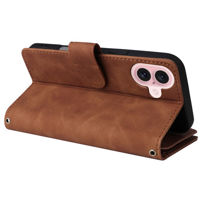 For iPhone 16 Case Zipper Multi-Pocket Wallet Leather Phone Cover with Shoulder and Wrist Straps