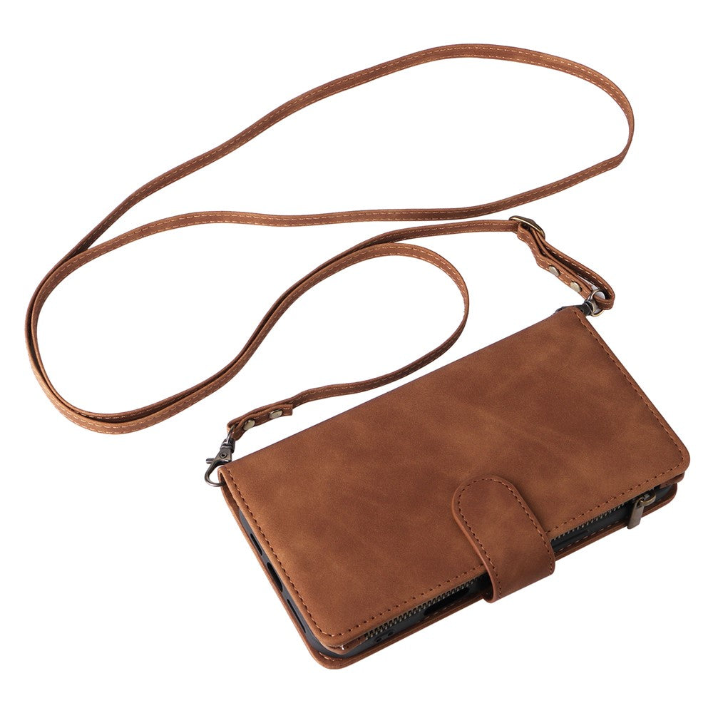 For iPhone 16 Case Zipper Multi-Pocket Wallet Leather Phone Cover with Shoulder and Wrist Straps
