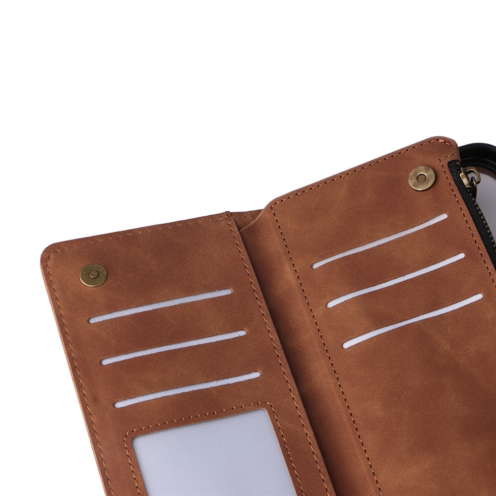 For iPhone 16 Case Zipper Multi-Pocket Wallet Leather Phone Cover with Shoulder and Wrist Straps
