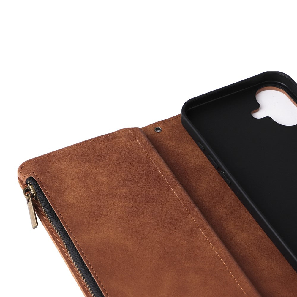 For iPhone 16 Case Zipper Multi-Pocket Wallet Leather Phone Cover with Shoulder and Wrist Straps