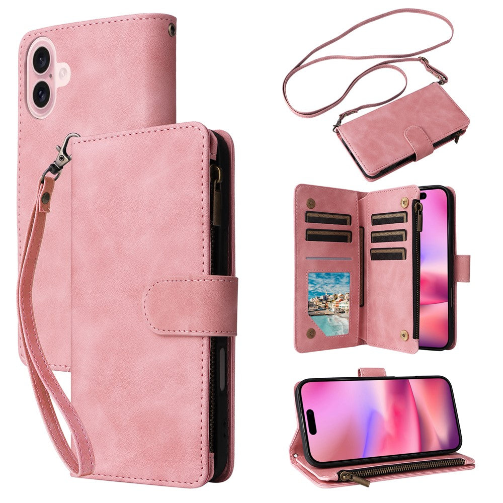 For iPhone 16 Case Zipper Multi-Pocket Wallet Leather Phone Cover with Shoulder and Wrist Straps