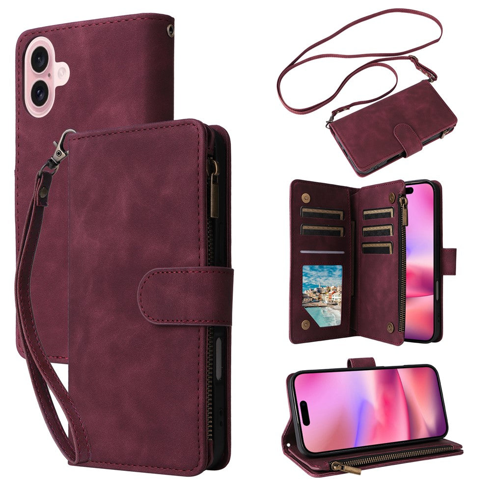 For iPhone 16 Case Zipper Multi-Pocket Wallet Leather Phone Cover with Shoulder and Wrist Straps