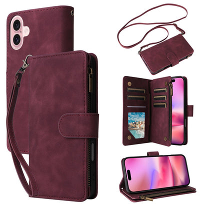For iPhone 16 Case Zipper Multi-Pocket Wallet Leather Phone Cover with Shoulder and Wrist Straps