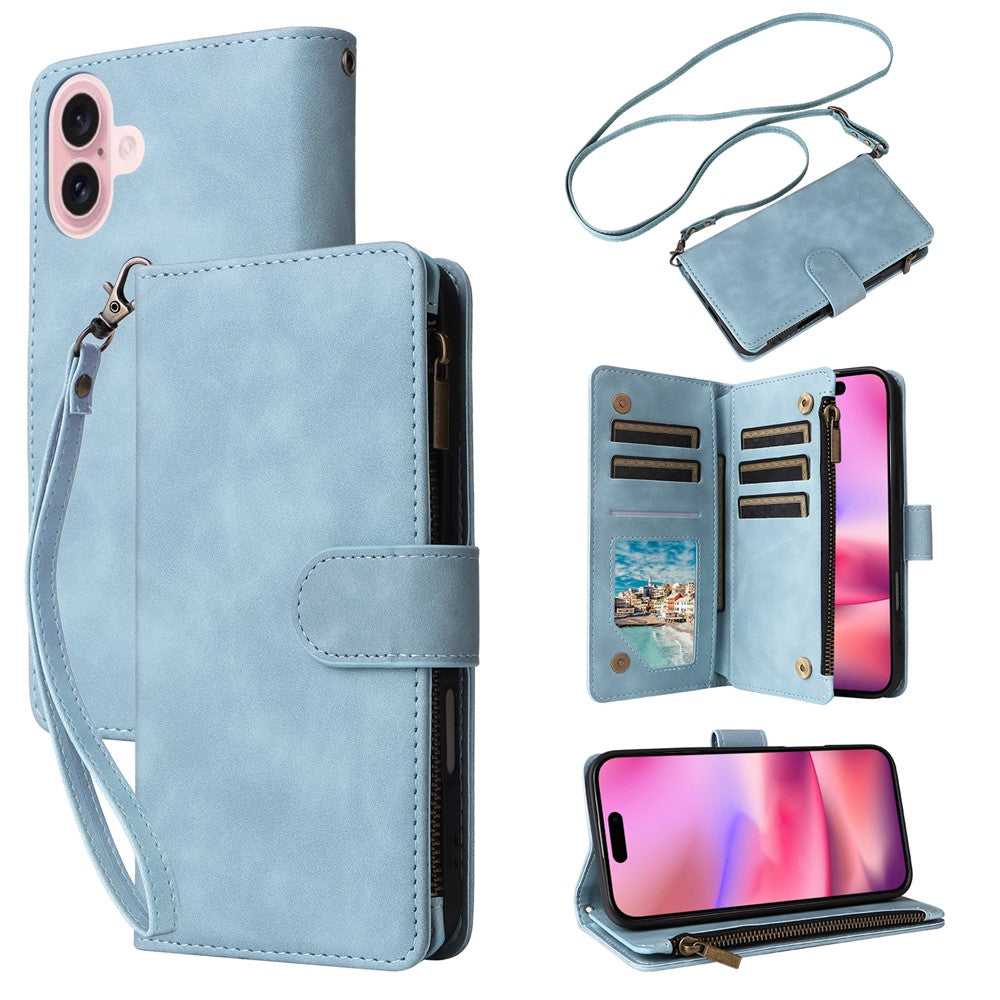 For iPhone 16 Case Zipper Multi-Pocket Wallet Leather Phone Cover with Shoulder and Wrist Straps
