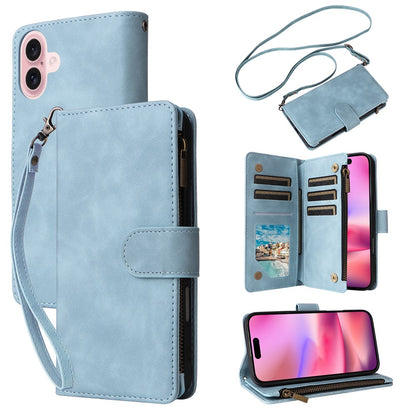 For iPhone 16 Case Zipper Multi-Pocket Wallet Leather Phone Cover with Shoulder and Wrist Straps