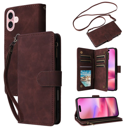 For iPhone 16 Case Zipper Multi-Pocket Wallet Leather Phone Cover with Shoulder and Wrist Straps