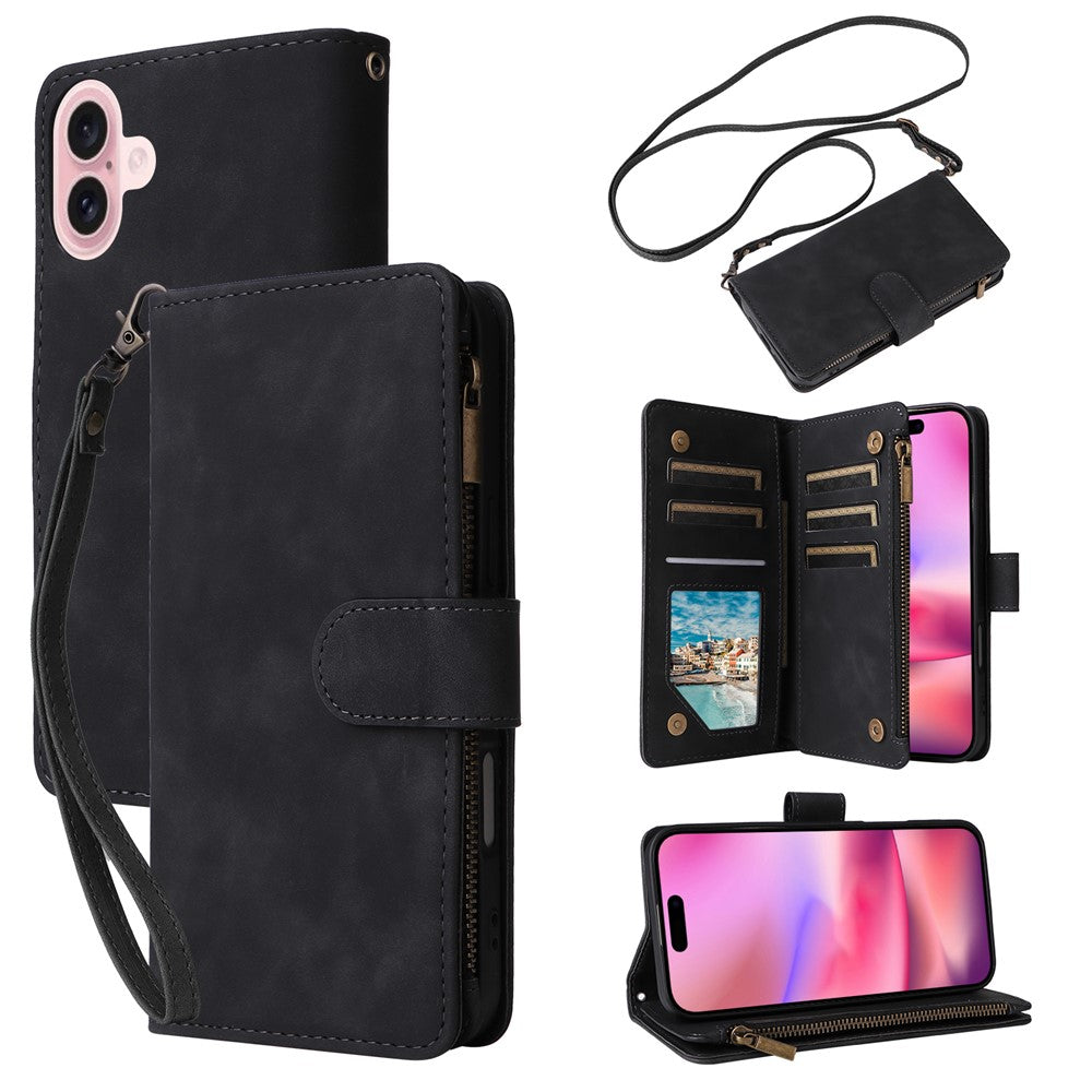 For iPhone 16 Case Zipper Multi-Pocket Wallet Leather Phone Cover with Shoulder and Wrist Straps