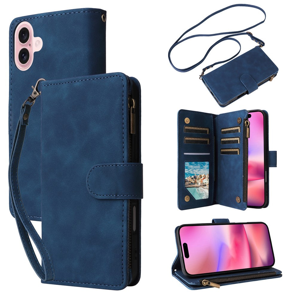 For iPhone 16 Case Zipper Multi-Pocket Wallet Leather Phone Cover with Shoulder and Wrist Straps