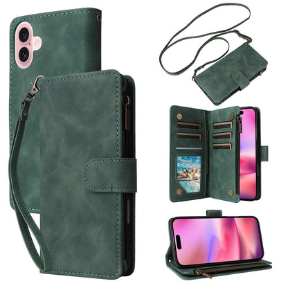 For iPhone 16 Case Zipper Multi-Pocket Wallet Leather Phone Cover with Shoulder and Wrist Straps