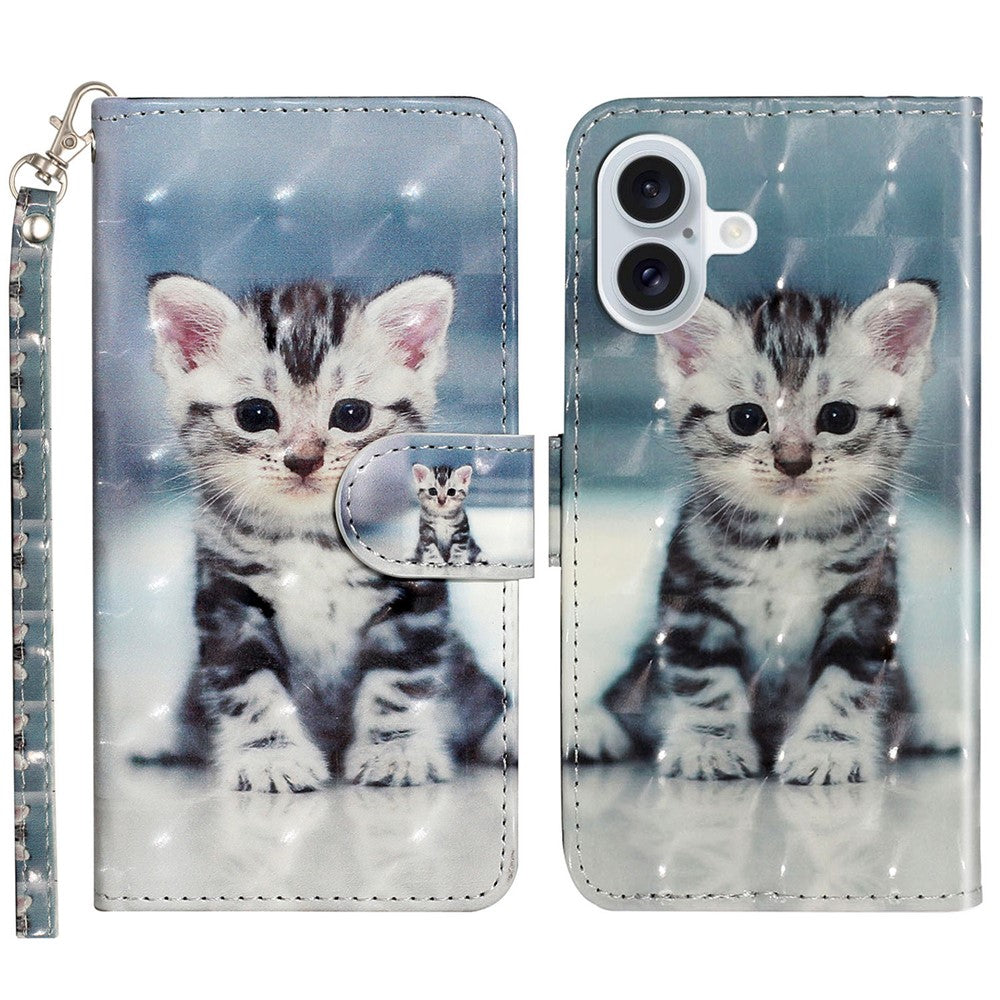 For iPhone 16 Leather Case Flip Wallet Phone Cover Magnetic Clasp 3D Pattern Printed