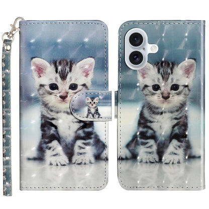 For iPhone 16 Leather Case Flip Wallet Phone Cover Magnetic Clasp 3D Pattern Printed