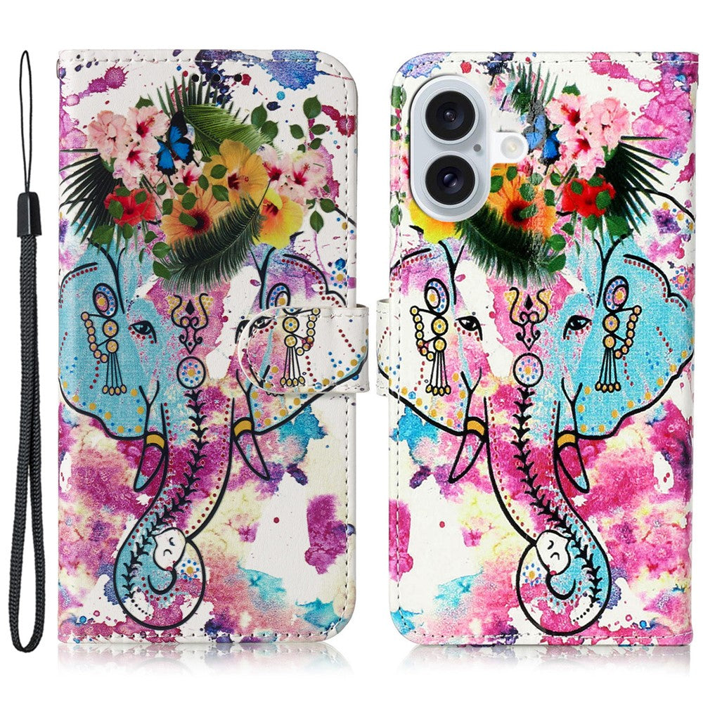 For iPhone 16 Case Leather Card Slot Holder Flip Phone Cover Pattern Printing