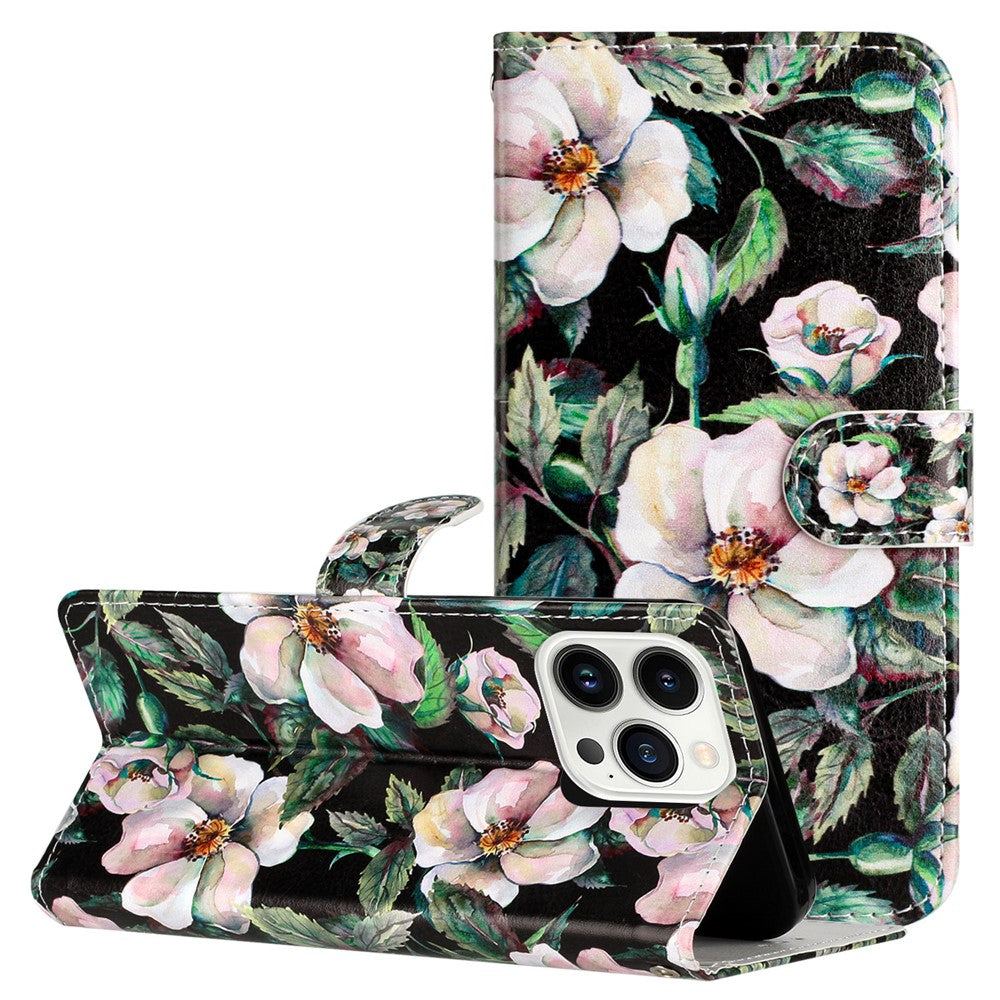 For iPhone 16 Pro Case Pattern Leather Phone Folio Cover with Card Slots Viewing Stand