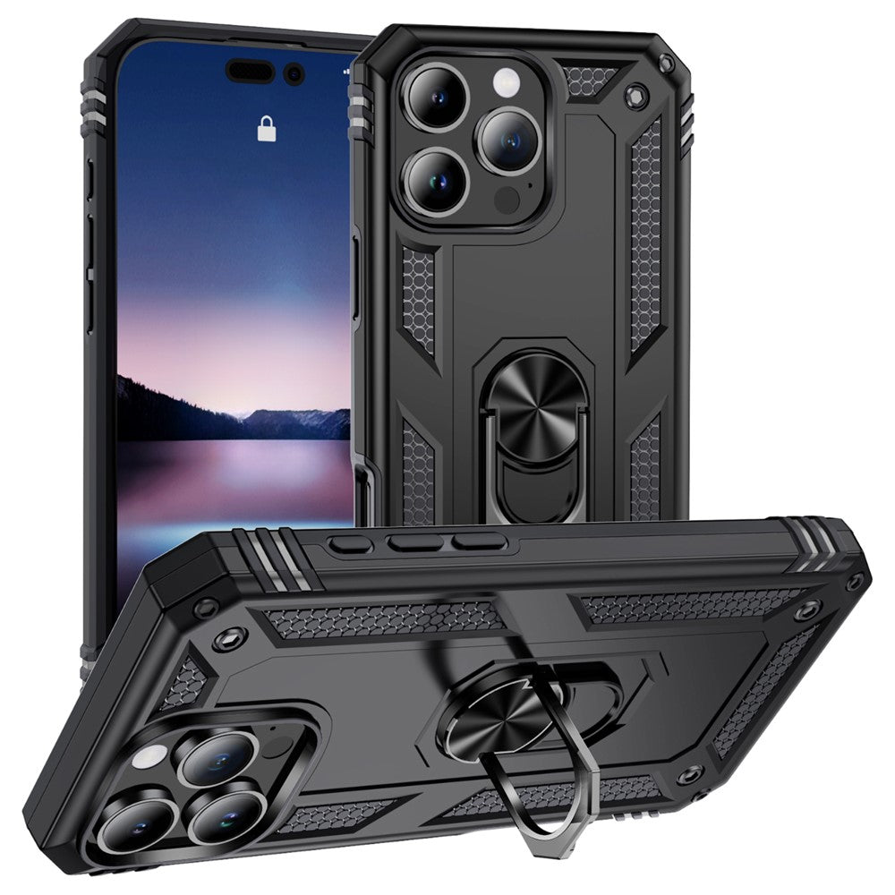 For iPhone 16 Pro Case PC+TPU Kickstand Phone Cover Support Magnetic Car Mount