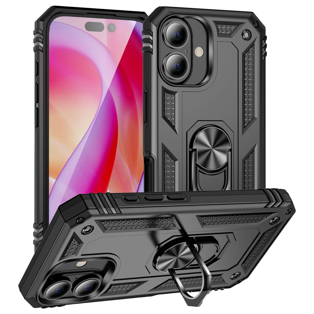For iPhone 16 Case PC+TPU Phone Cover with Rotary Ring Kickstand
