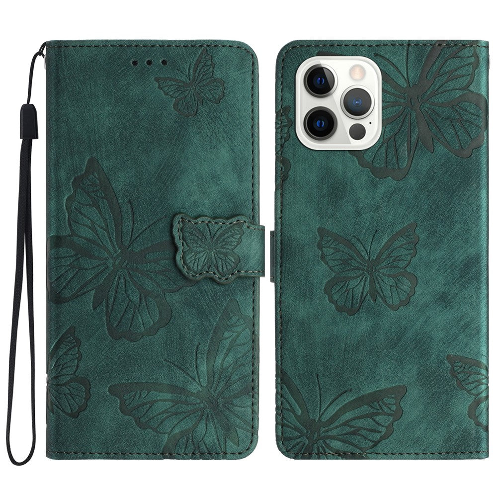 For iPhone 16 Pro Max Case Imprinted Butterfly PU Leather Folio Flip Phone Cover Skin-Touch