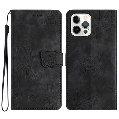For iPhone 16 Pro Max Case Imprinted Butterfly PU Leather Folio Flip Phone Cover Skin-Touch