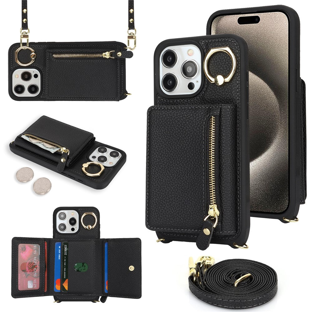 For iPhone 15 Pro Max Case Card Bag PU Leather+TPU Ring Kickstand Phone Cover with Long Strap