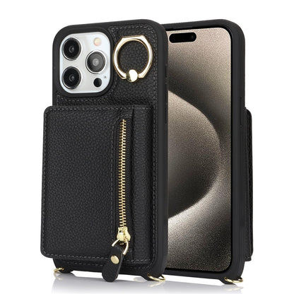 For iPhone 15 Pro Max Case Card Bag PU Leather+TPU Ring Kickstand Phone Cover with Long Strap