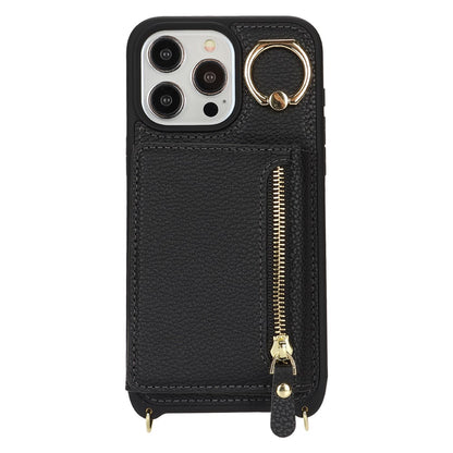 For iPhone 15 Pro Max Case Card Bag PU Leather+TPU Ring Kickstand Phone Cover with Long Strap