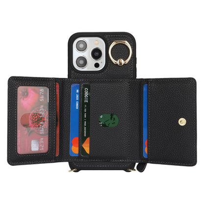 For iPhone 15 Pro Max Case Card Bag PU Leather+TPU Ring Kickstand Phone Cover with Long Strap