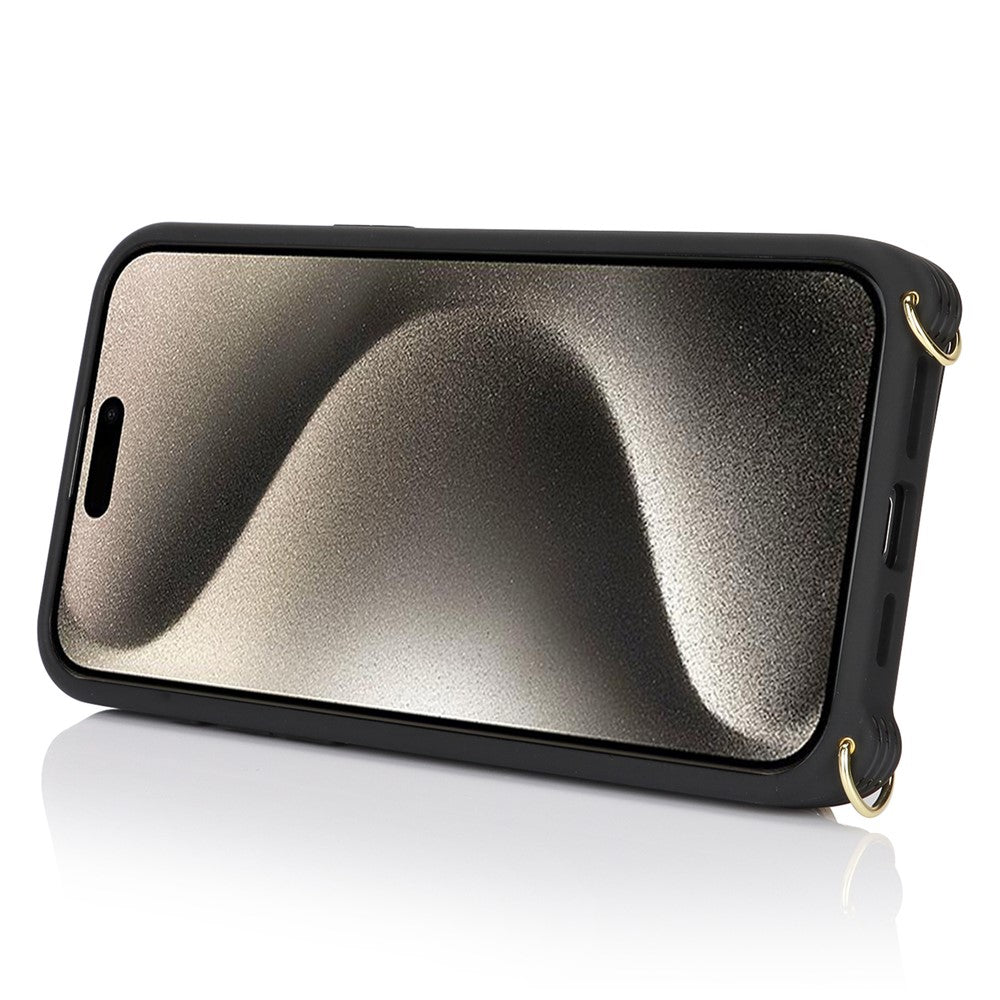 For iPhone 15 Pro Max Case Card Bag PU Leather+TPU Ring Kickstand Phone Cover with Long Strap