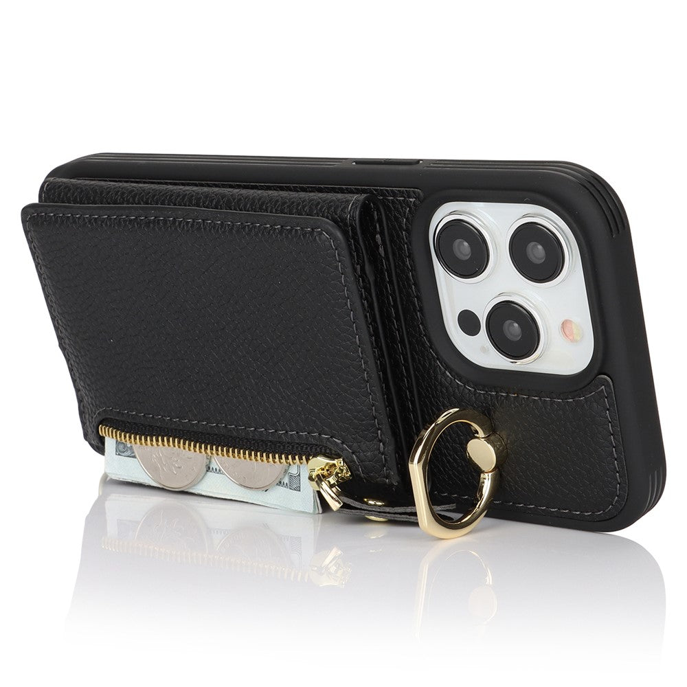 For iPhone 15 Pro Max Case Card Bag PU Leather+TPU Ring Kickstand Phone Cover with Long Strap